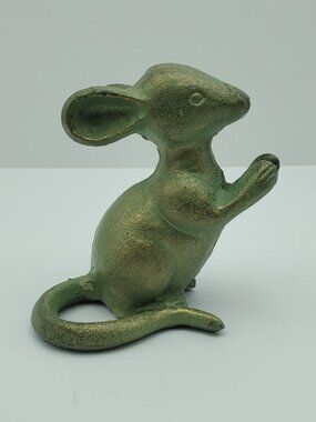 Cast Iron Verdigris Mouse Figure Small Green Metal Mouse Bookend Statue